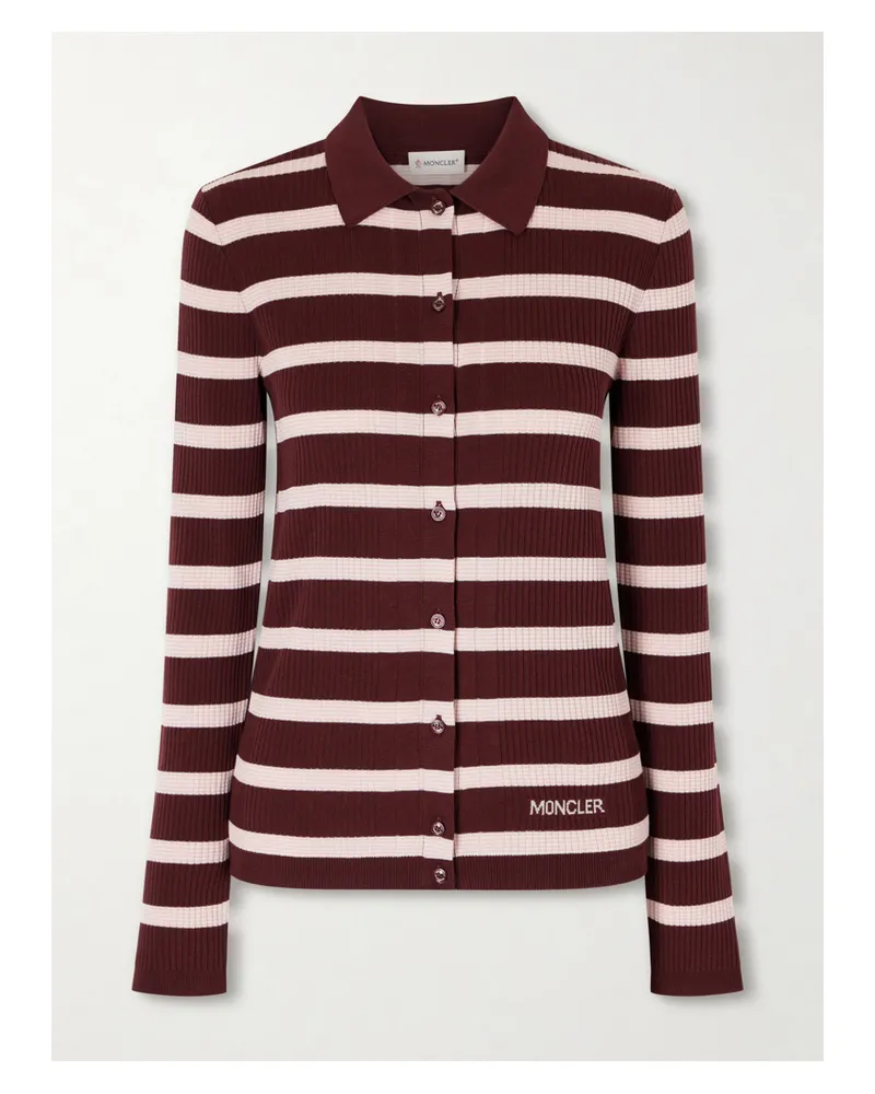 Moncler Striped Ribbed Cotton Polo Shirt - Burgundy Burgundy