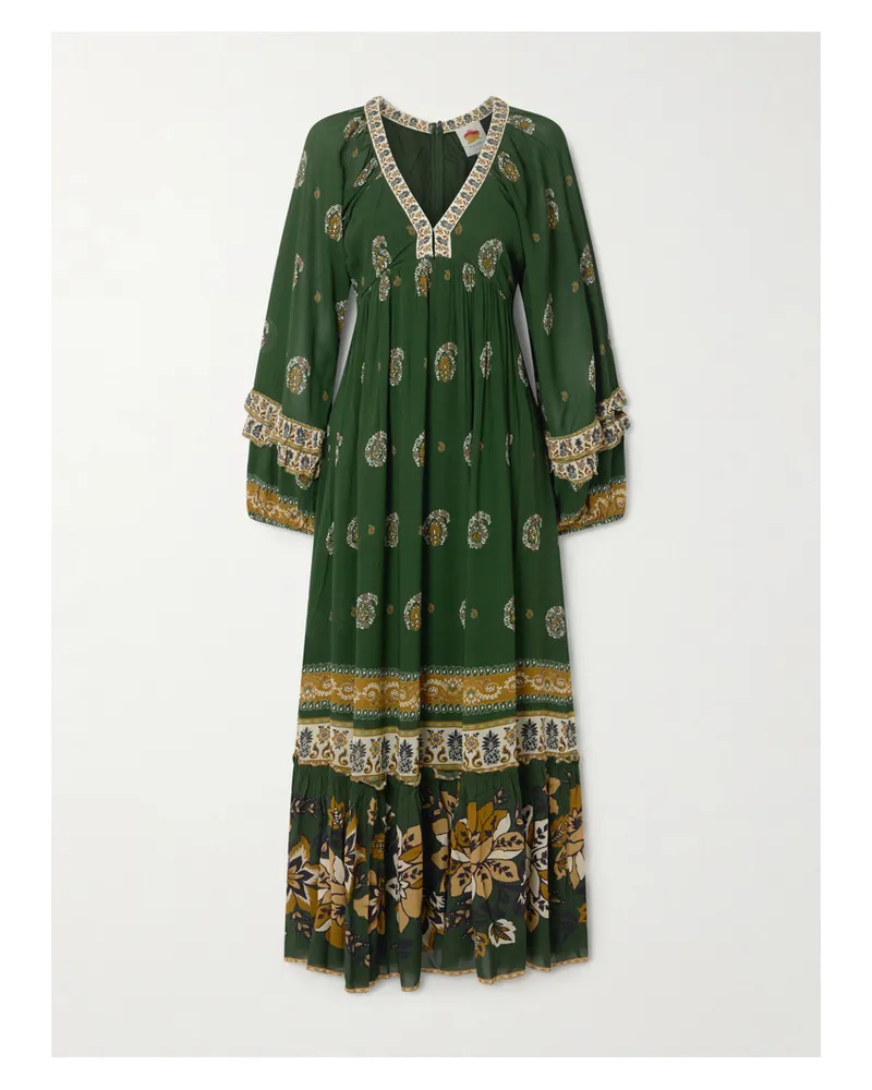 FARM Rio Ayla Maxikleid Aus Chiffon Mit Prints Und Rüschen - Grün Grün