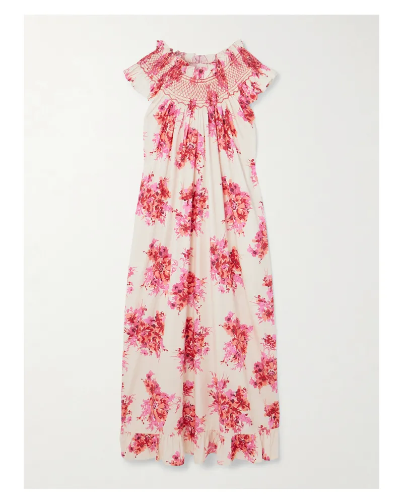 Loretta Caponi Delfina Maxikleid Aus Baumwolle Mit Blumenprint, Rüschen Und Smokarbeit - Pink Pink