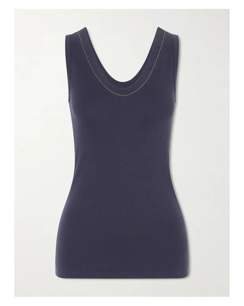 Brunello Cucinelli Bead-embellished Ribbed Cotton-blend Jersey Tank - Blue Blue