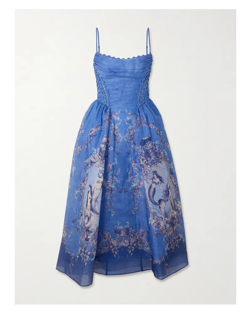Zimmermann Rebellion Midikleid Aus Einer Bedruckten Leinen-seidenmischung Mit Falten, Raffungen Und Schnürdetails - Blau Blau