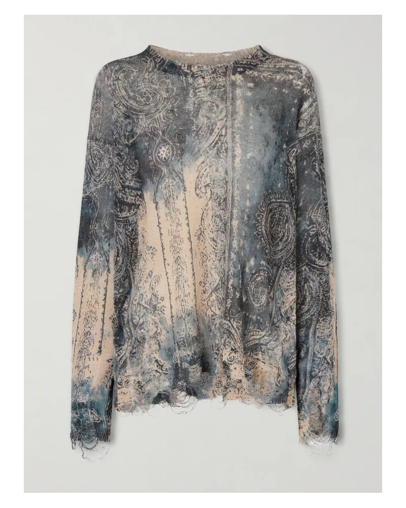R13 Boyfriend Pullover Aus Bedrucktem Strick Aus Leinen In Distressed-optik - Blau Blau