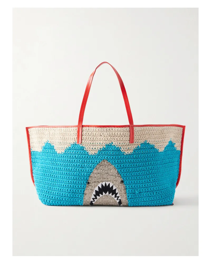 STAUD Christos Large Leather-trimmed Sequin-embellished Crocheted Tote - Blue Blue