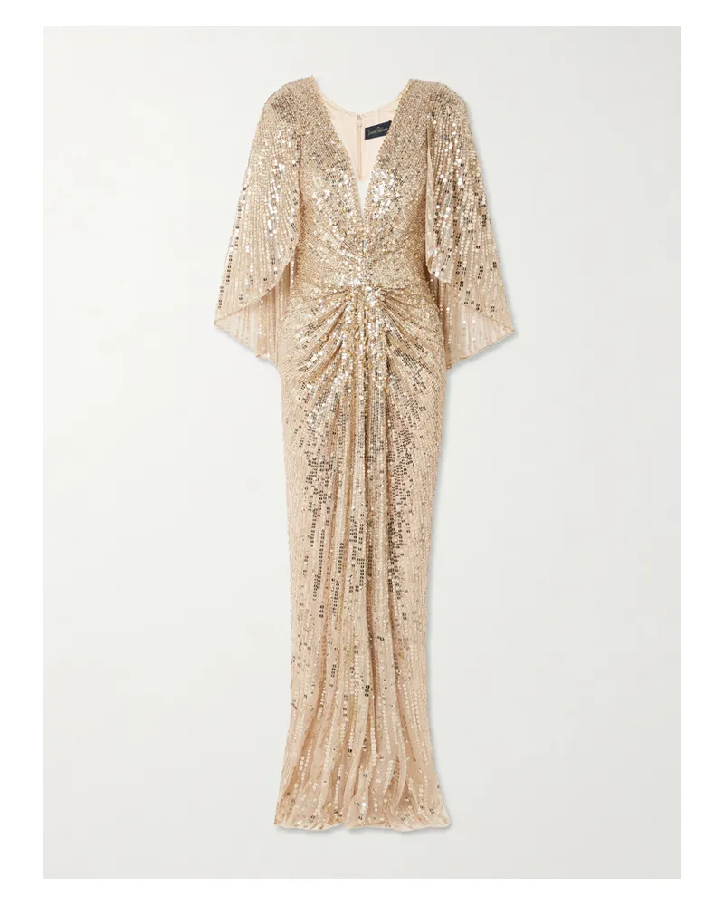 Jenny Packham Carrie Cape-effect Draped Sequined Chiffon Gown - Gold Gold