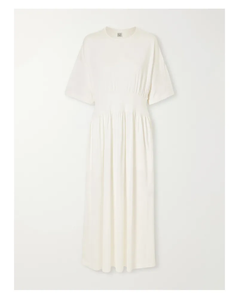 Totême Gathered Organic Cotton And Silk-blend Midi Dress - Off-white Off-white