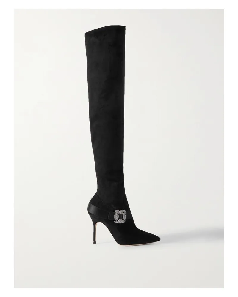 Manolo Blahnik Plinianuthi 105 Overknees Aus Veloursleder Mit Satinbesatz Und Schnalle - Schwarz Schwarz