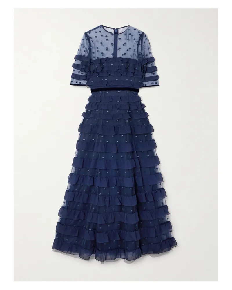 COSTARELLOS Midikleid Aus Chiffon Und Point D'esprit Mit Samtbesätzen Und Rüschen - Blau Blau