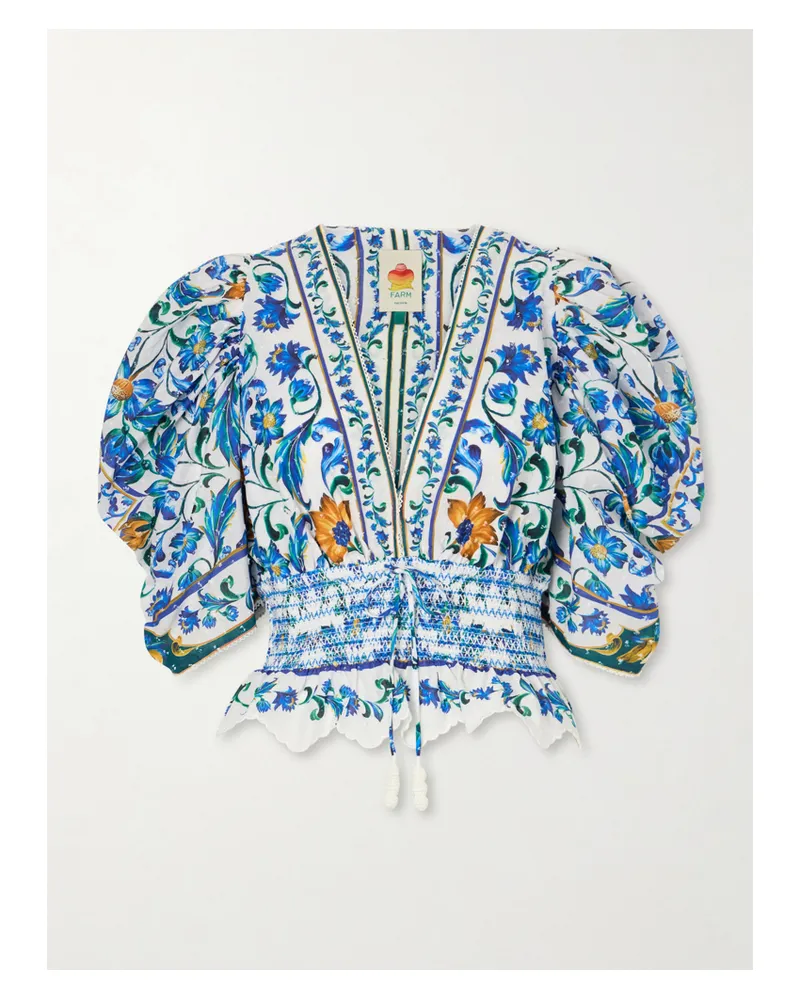 FARM Rio Flora Tile Shirred Floral-print Cotton-poplin Blouse - Neutrals Neutrals