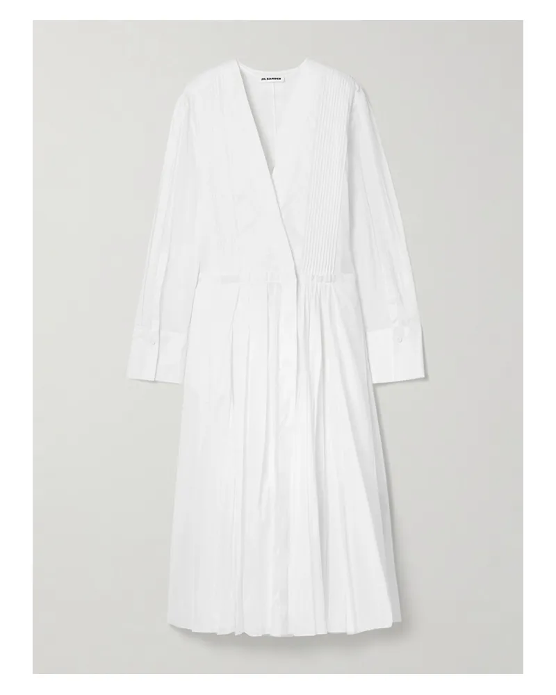 Jil Sander Midikleid Aus Baumwollorganza Mit Biesen, Wickeleffekt Und Plissierten Partien - Weiß Weiß
