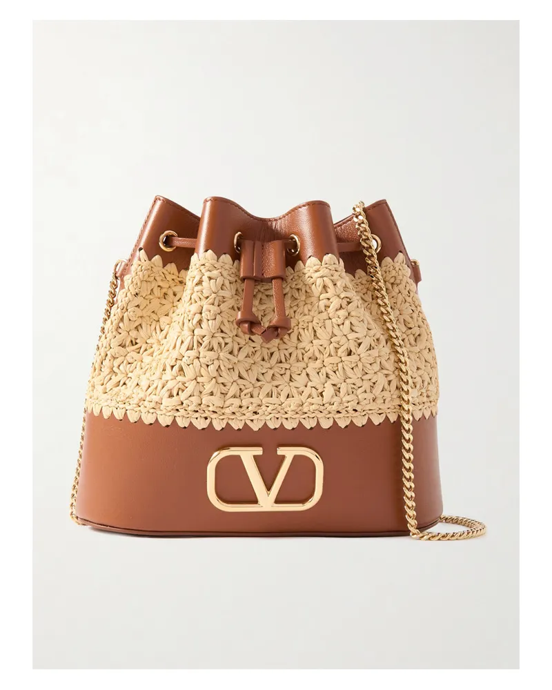 Valentino Garavani Vlogo Mini Beuteltasche aus Leder und Geflochtenem Raffiabast Neutral