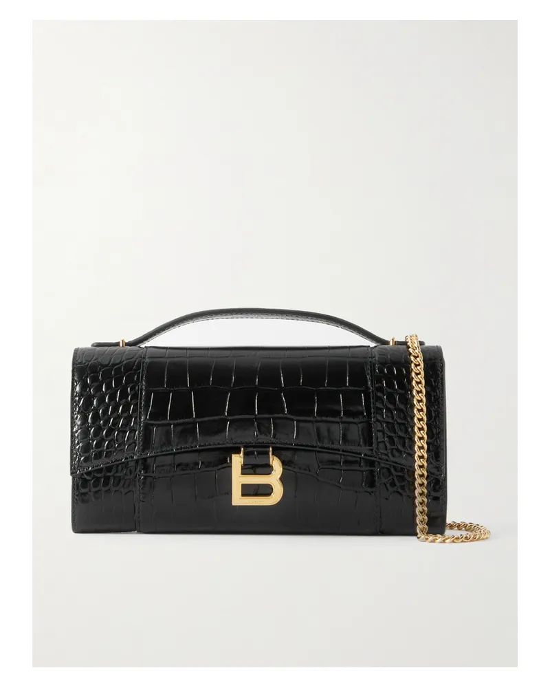 Balenciaga Hourglass Croc-effect Patent-leather Shoulder Bag - Black Black