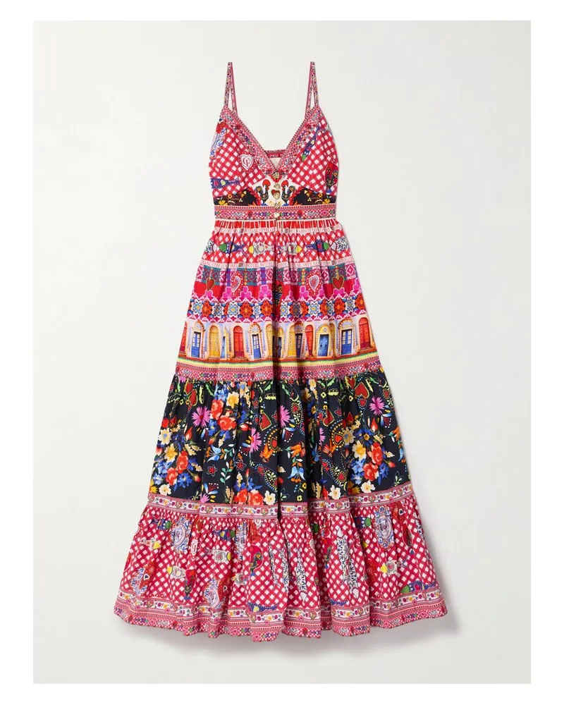 Camilla Maxikleid Aus Bedruckter Biobaumwollpopeline Mit Kristallen - Rot Rot