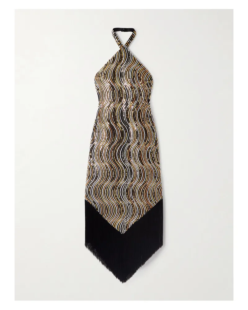 Taller Marmo Nina Flapper Neckholder-midikleid Aus Mesh Mit Pailletten Und Fransen - Gold Gold