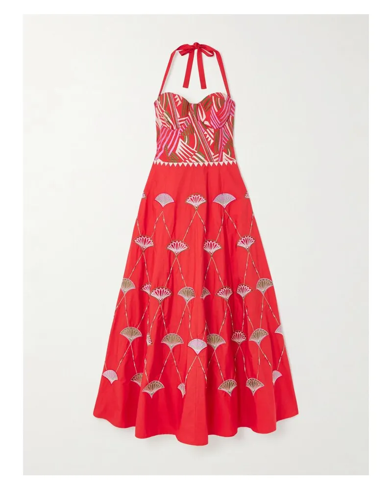 Emporio Sirenuse Lotty Neckholder-midikleid Aus Popeline Aus Einer Baumwollmischung Mit Zierperlen Und Stickereien - Rot Rot