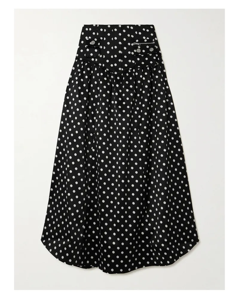 Ganni Gathered Polka-dot Recycled Satin Midi Skirt - Black Black