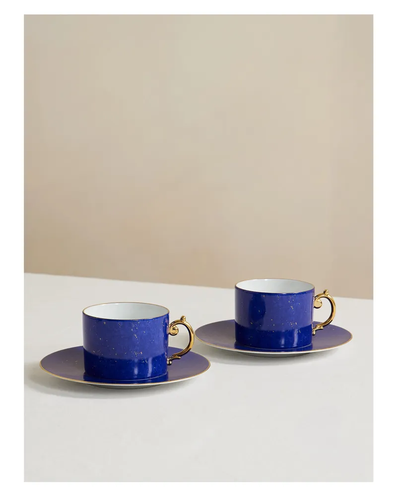 L’OBJET Lapis Set Aus Zwei Tee- Und Untertassen Aus Porzellan Mit Vergoldeten Details - Blau Blau