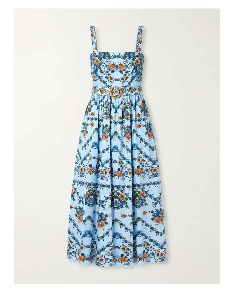 Borgo De Nor Ninet Belted Floral-print Cotton-poplin Midi Dress - Blue Blue