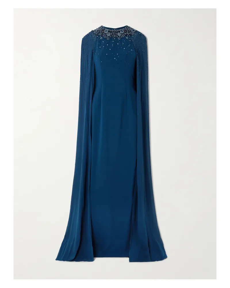 Jenny Packham Vita Cape-effect Embellished Crepe De Chine Gown - Blue Blue