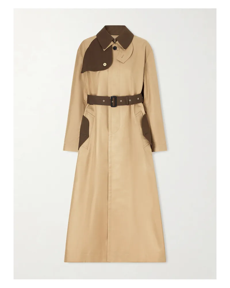 Sacai Belted Two-tone Cotton-blend Gabardine Trench Coat - Neutrals Neutrals