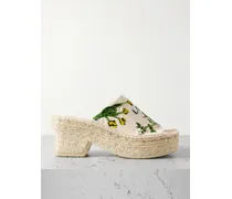 Paula's Ibiza Petal Embroidered Canvas Platform Espadrille Mules - Cream
