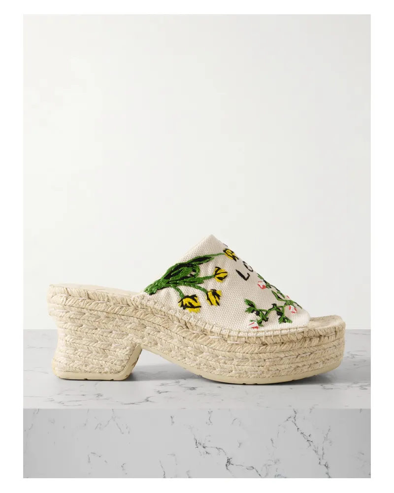 Loewe Paula's Ibiza Petal Embroidered Canvas Platform Espadrille Mules - Cream Cream