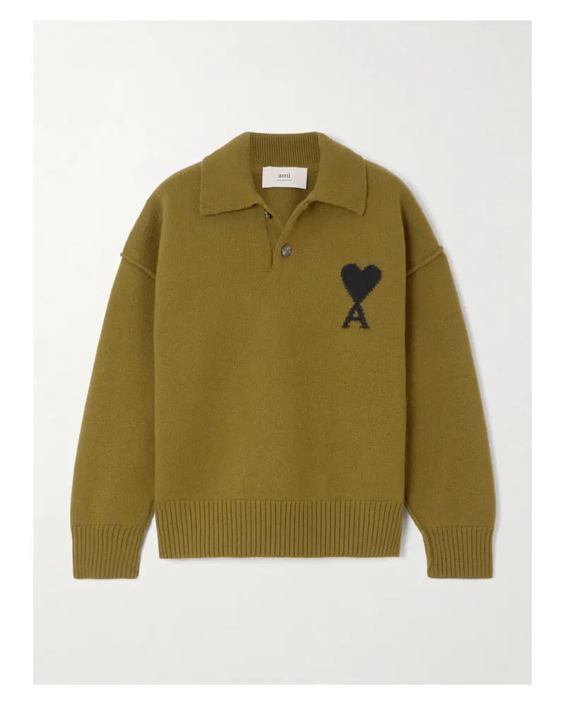 AMI Paris Wollpullover Mit Intarsienmotiv Und Polokragen - Grün Grün
