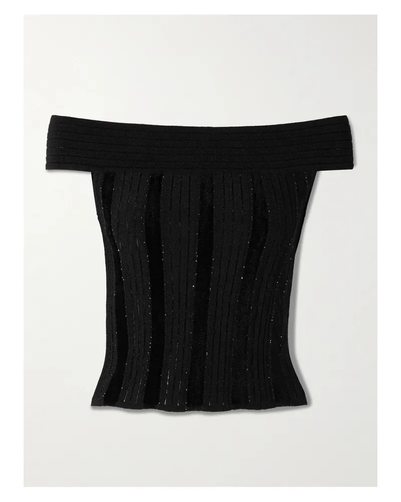 Balmain Off-the-shoulder Glittered Velvet And Ribbed-knit Top - Black Black