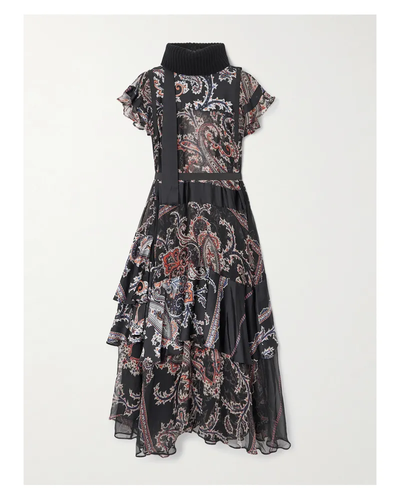 Sacai Midikleid Aus Voile Mit Paisley-print, Besätzen Aus Einer Gerippten Wollmischung Und Gürtel - Schwarz Schwarz