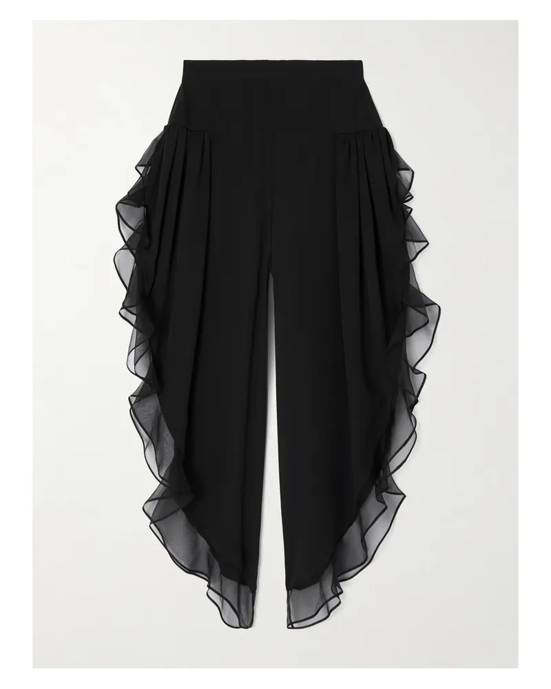 Valentino Garavani Asymmetrische Hose Mit Weitem Bein Aus Gerüschtem Seidenchiffon - Schwarz Schwarz