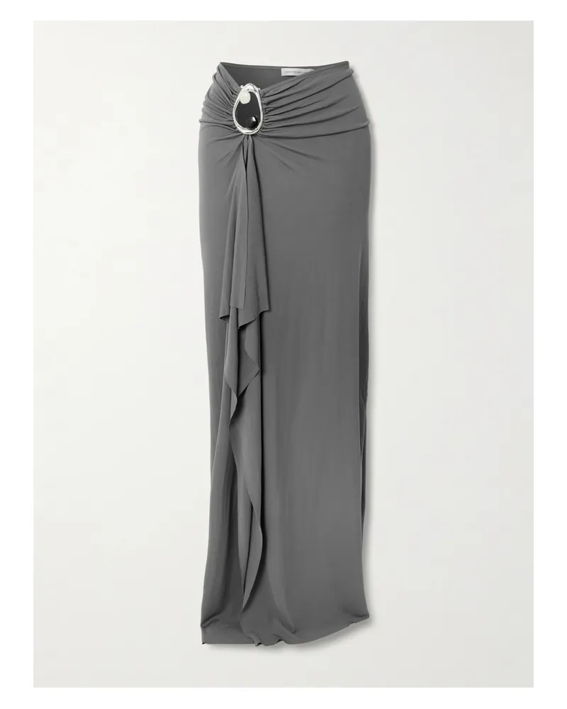 Christopher Esber Orica Asymmetric Embellished Ruched Draped Jersey Maxi Skirt - Gray Gray