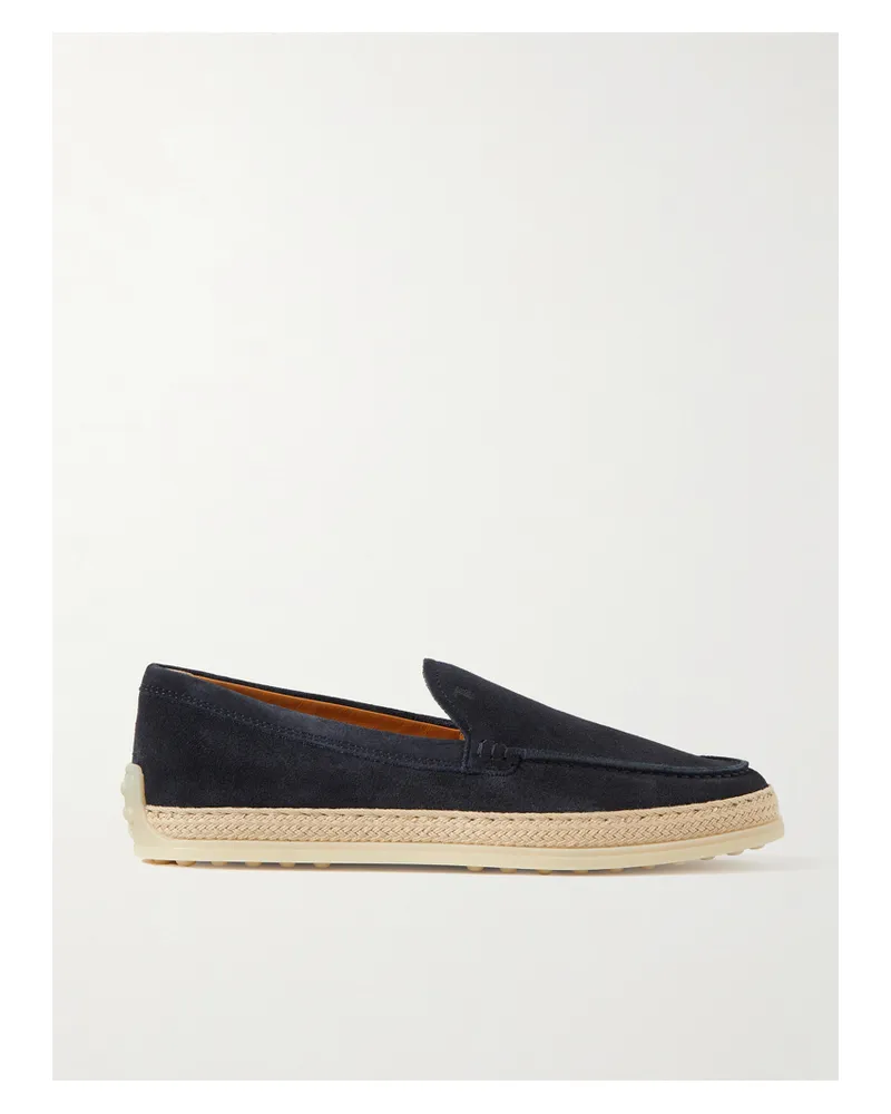 TOD'S Raffia-trimmed Suede Loafers - Blue Blue