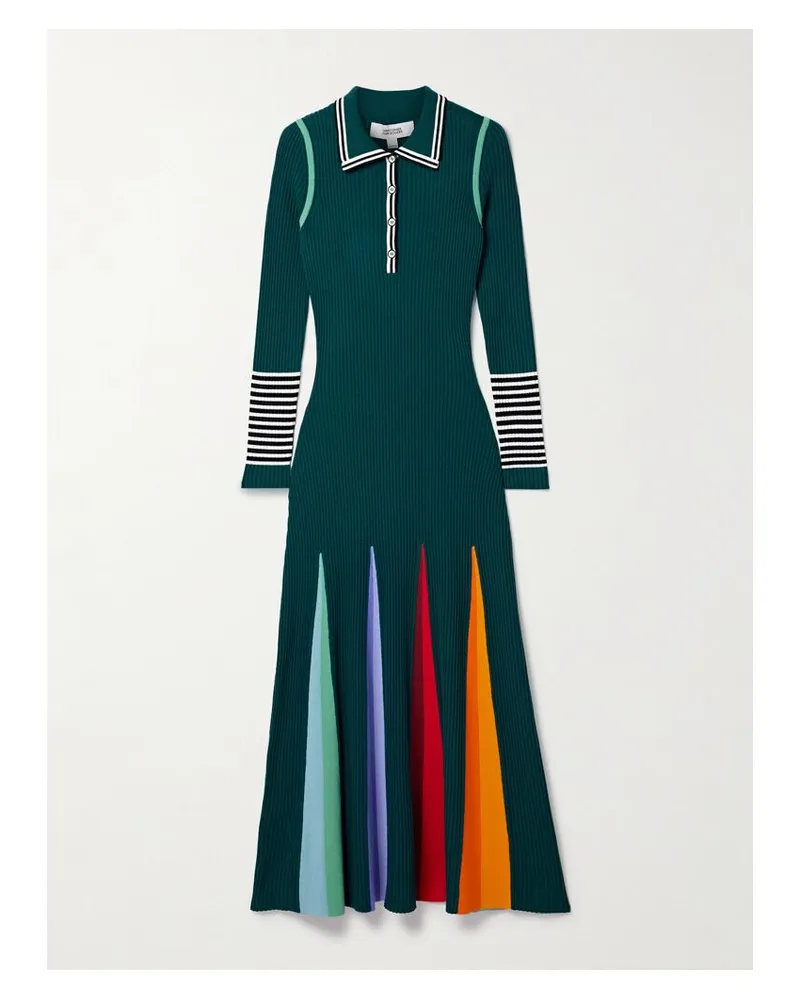Christopher John Rogers Godet Maxikleid Aus Gerippter Merinowolle Mit Streifen Und Polokragen - Grün Grün