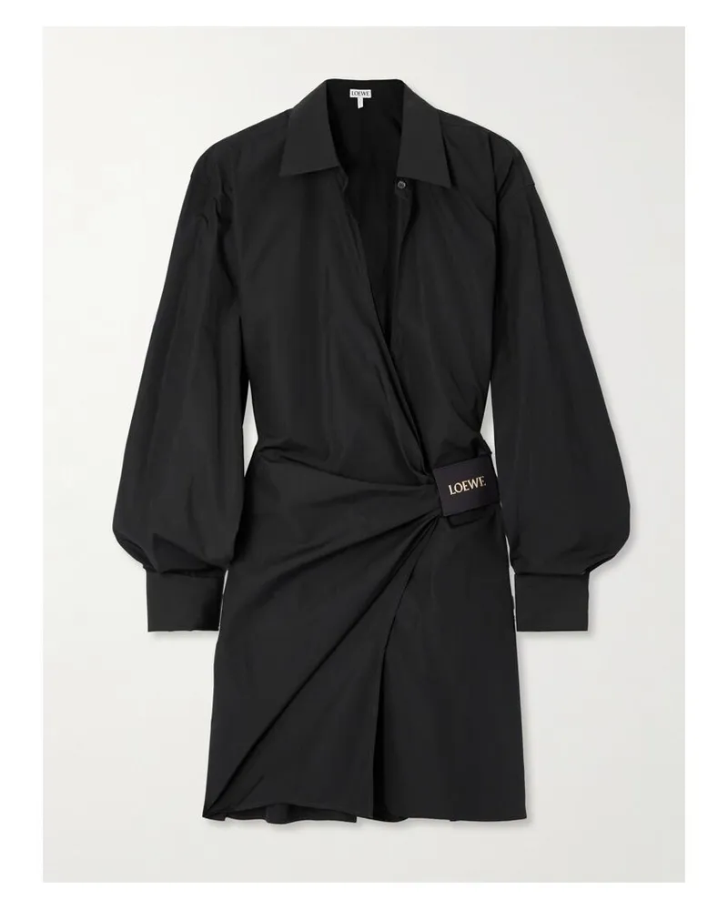 Loewe Mini-hemdblusenkleid Aus Baumwollpopeline Mit Wickeleffekt, Raffungen Und Lederapplikation - Schwarz Schwarz