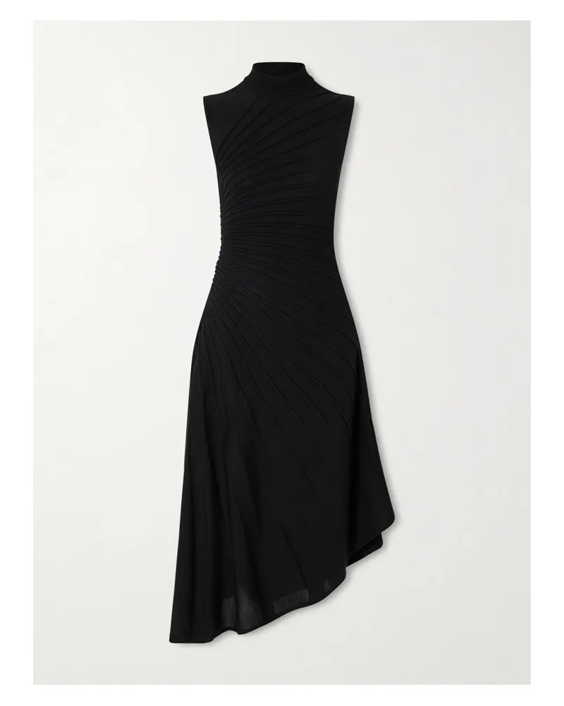 Alaïa Asymmetric Ribbed Wool Turtleneck Midi Dress - Black Black