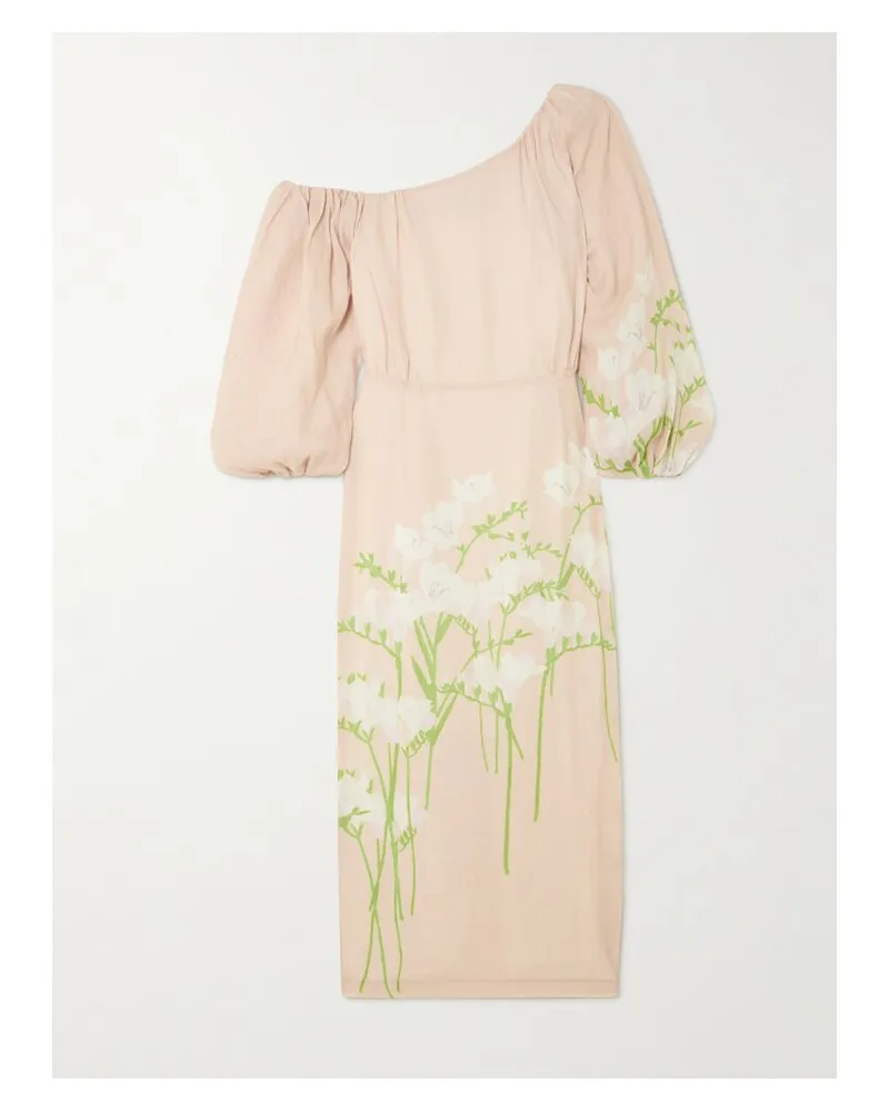 BERNADETTE Cara Schulterfreies Midikleid Aus Leinen Mit Blumenprint Und Raffungen - Pink Pink