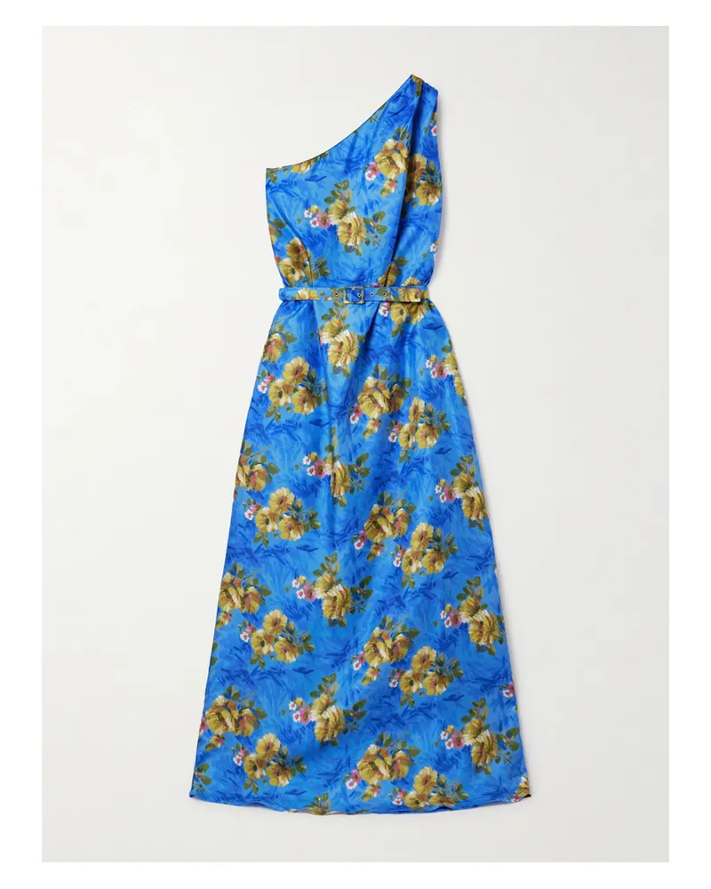 La DoubleJ Roy Asymmetrisches Maxikleid Aus Seiden-twill Mit Blumenprint Und Gürtel - Blau Blau
