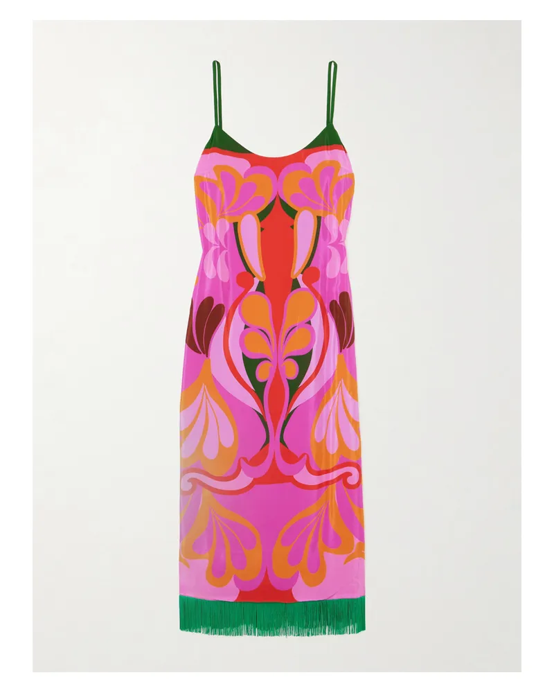 Borgo De Nor Thalai Midikleid Aus Bedrucktem Satin Mit Fransen - Orange Orange