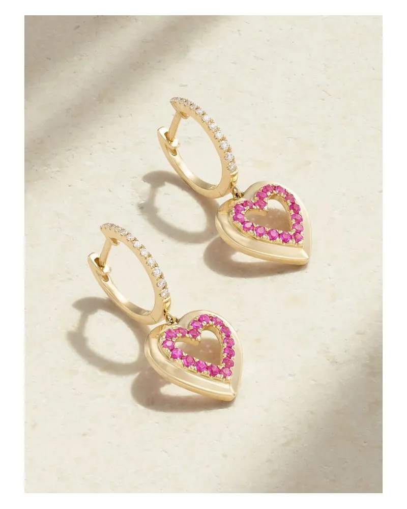 Roxanne First Heart Creolen Aus 14 Karat Gold Mit Saphiren Und Diamanten - Pink Pink