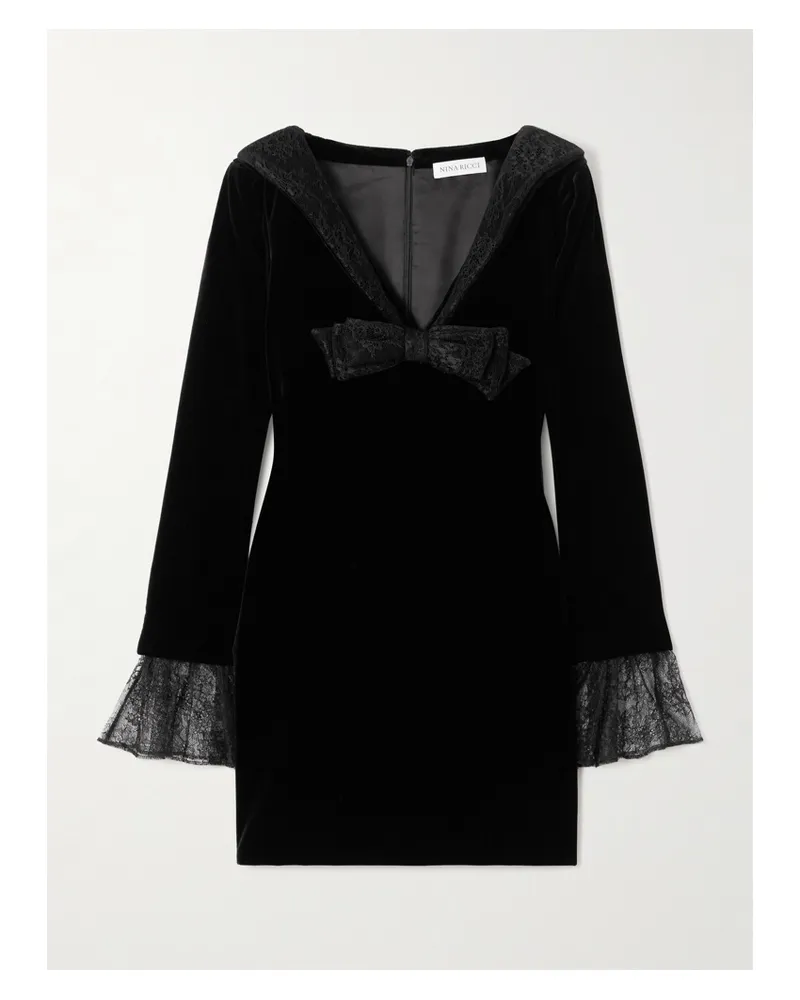 Nina Ricci Minikleid Aus Baumwollsamt Mit Spitzenbesätzen Und Schleife - Schwarz Schwarz