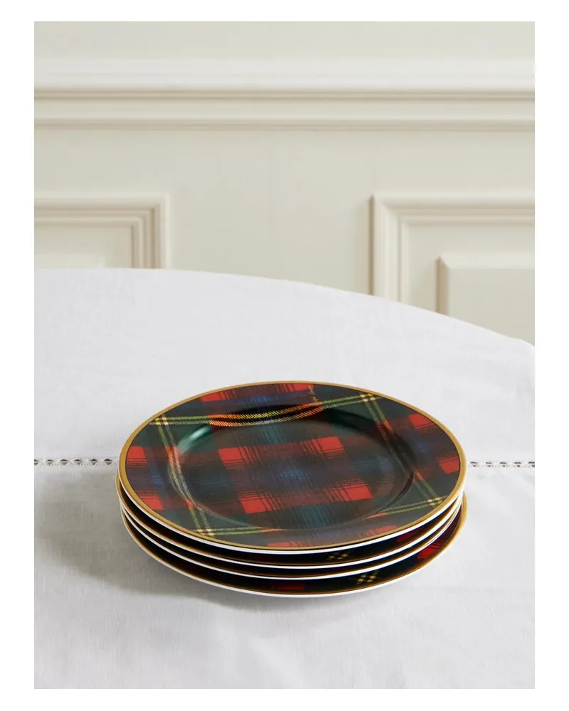 Ralph Lauren Home Alexander Set Aus Vier Karierten Porzellantellern Mit Vergoldeten Details - Rot Rot
