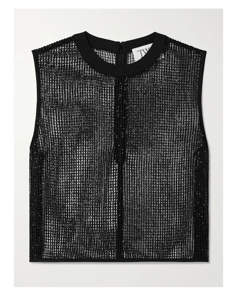 TWP Verkürztes Tanktop Aus Netzmaterial Mit Pailletten - Schwarz Schwarz