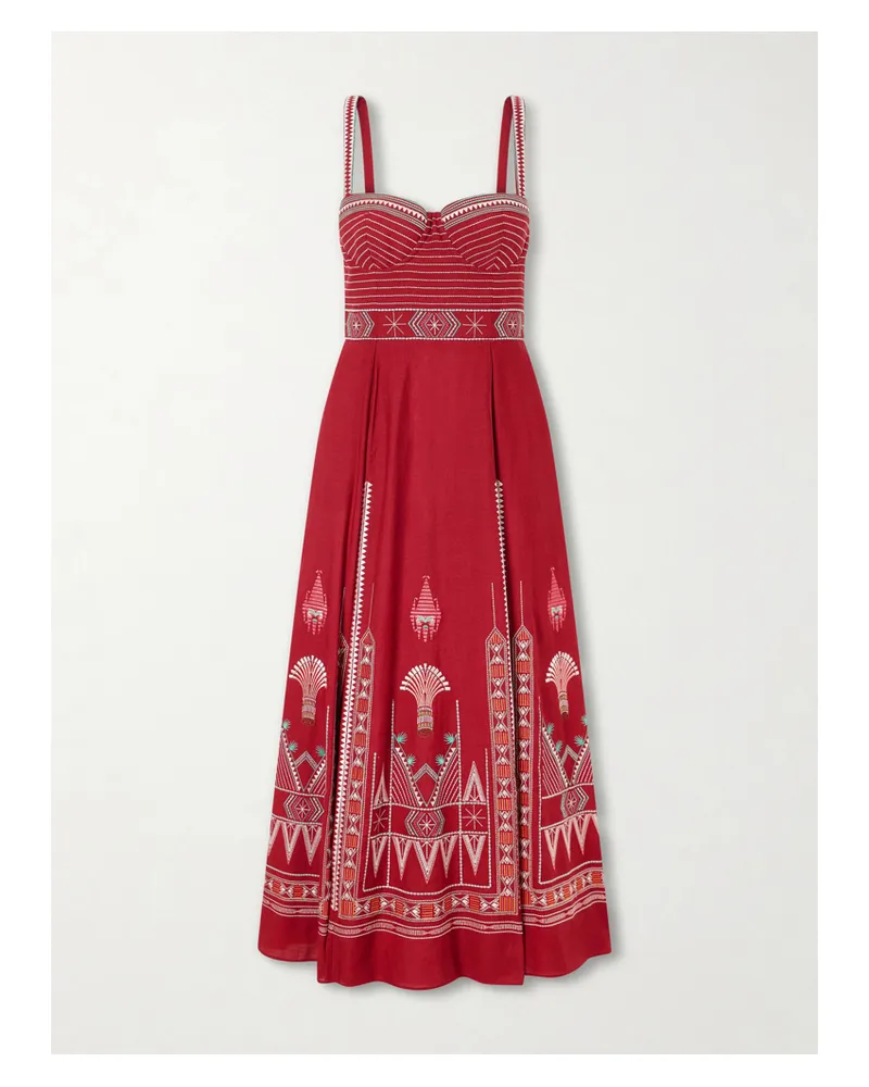 Emporio Sirenuse Elida Embroidered Linen And Cotton-blend Maxi Dress Red