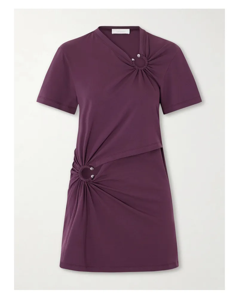 Paco Rabanne Embellished Gathered Cut-out Cotton-blend Jersey Mini Dress - Burgundy Burgundy