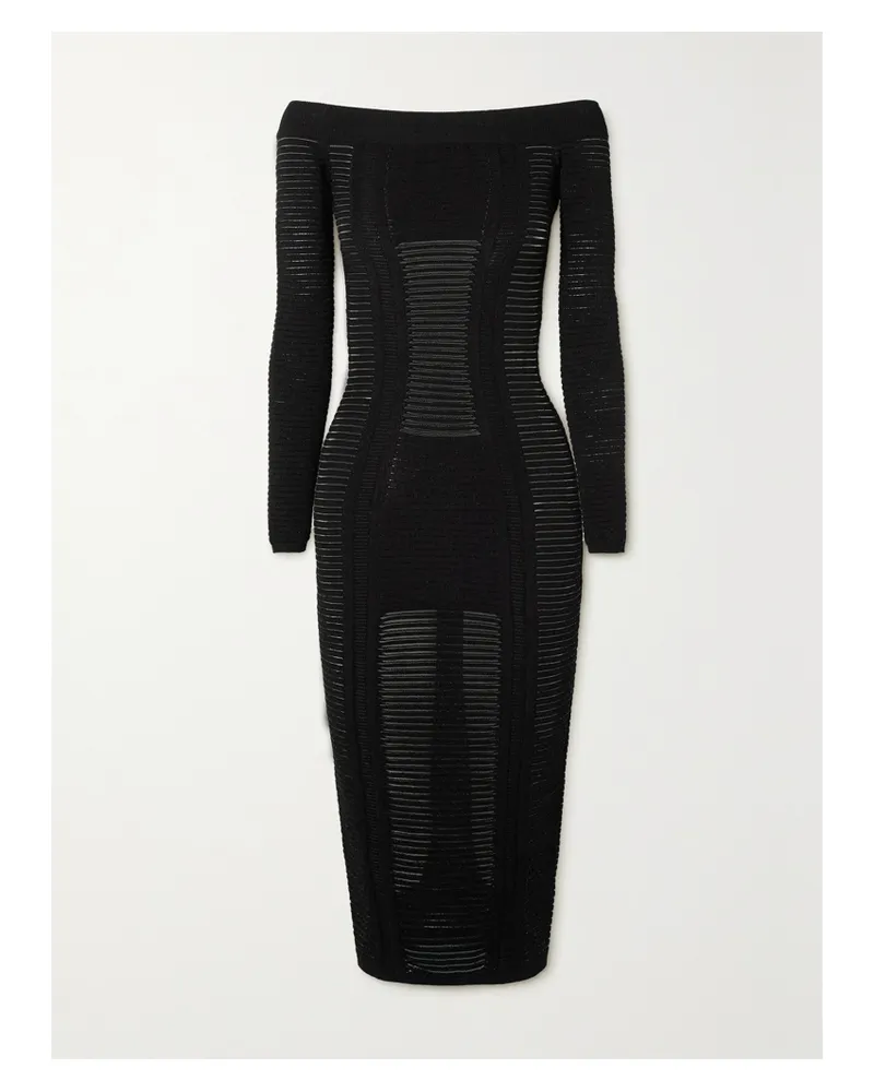 Balmain Schulterfreies Midikleid Aus Rippstrick - Schwarz Schwarz