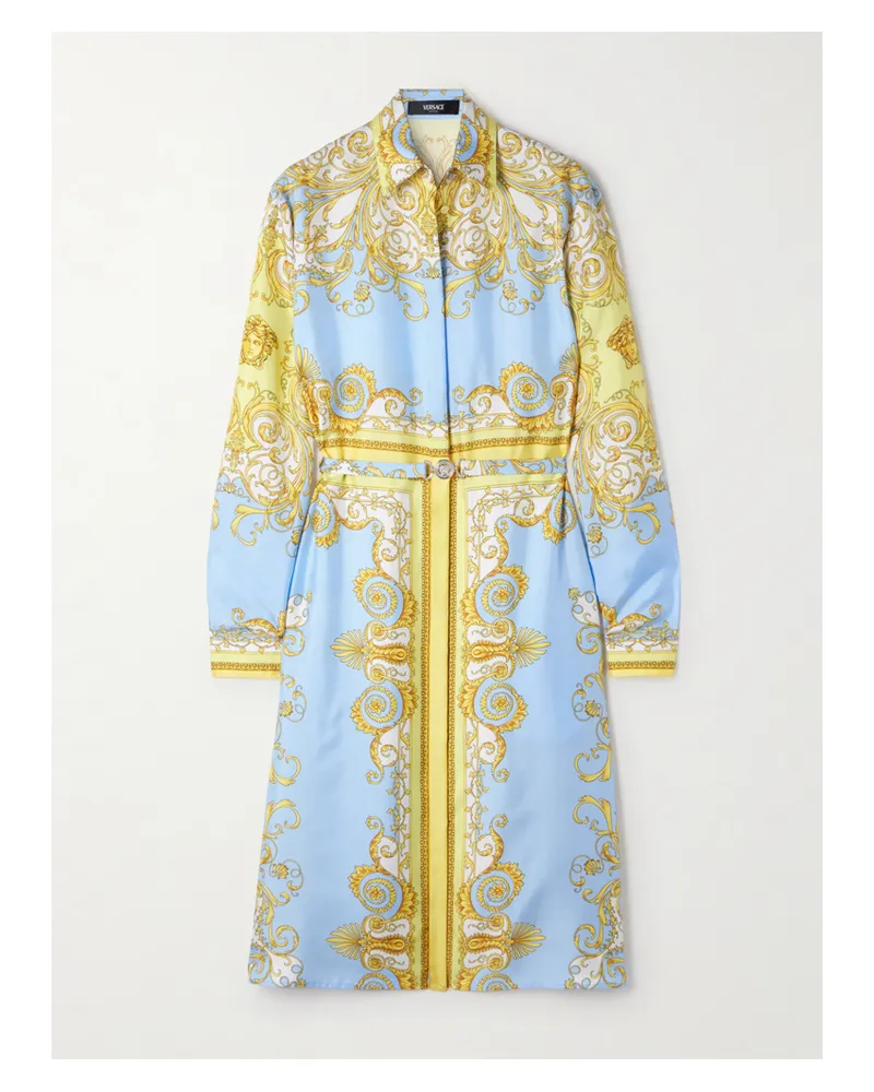 Versace Belted Printed Silk-twill Dress - Blue Blue