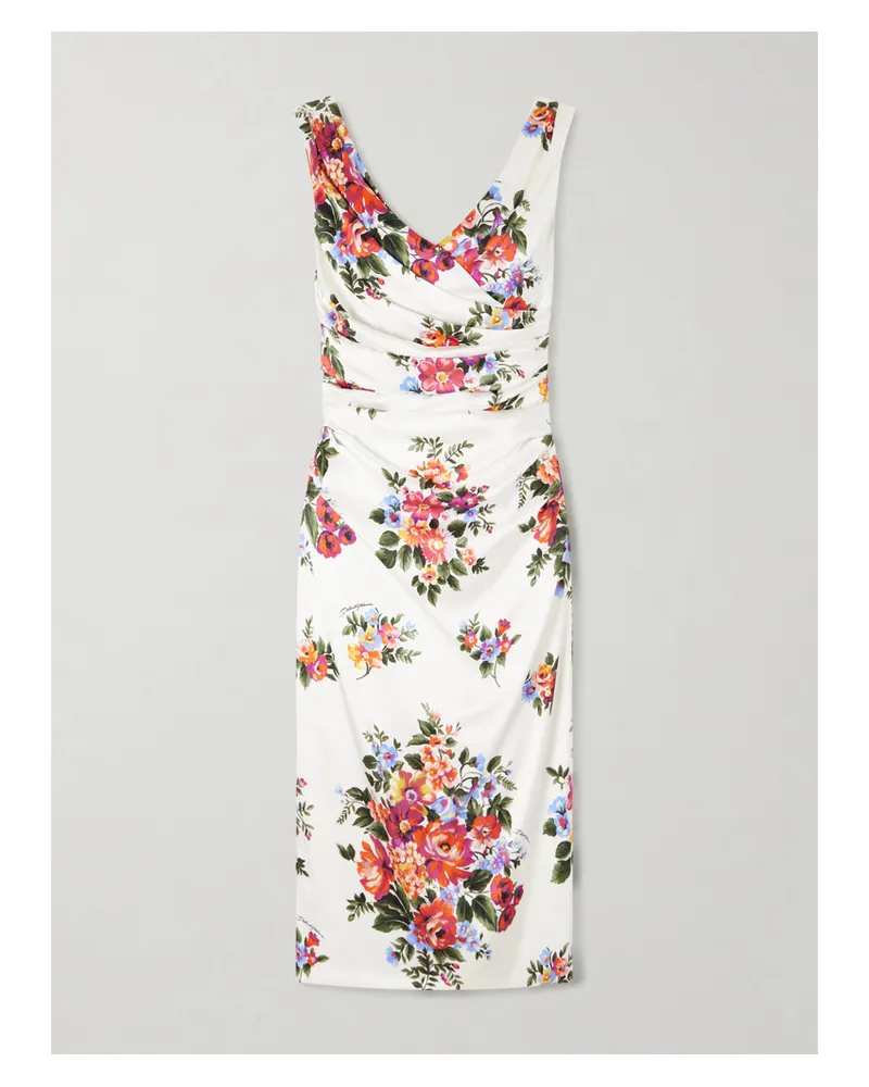 Dolce & Gabbana Off-the-shoulder Floral-print Satin Midi Dress - White White
