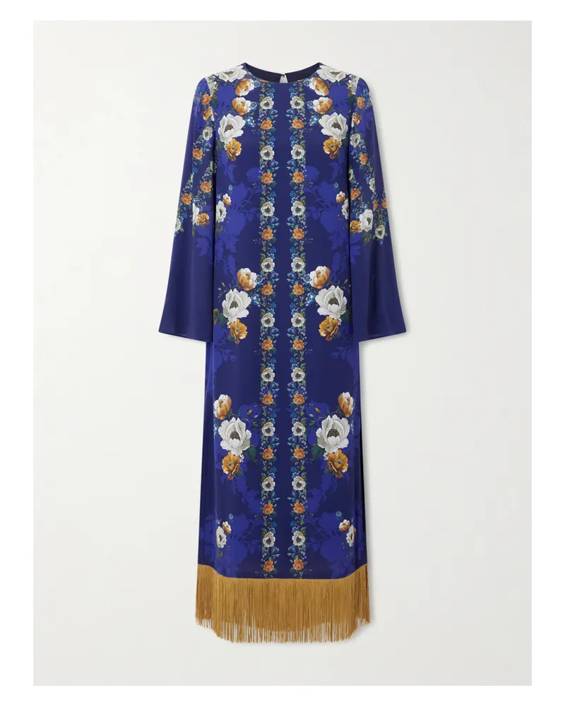 Borgo De Nor Maxikleid Aus Glänzendem Crêpe Mit Blumenprint Und Fransen - Blau Blau
