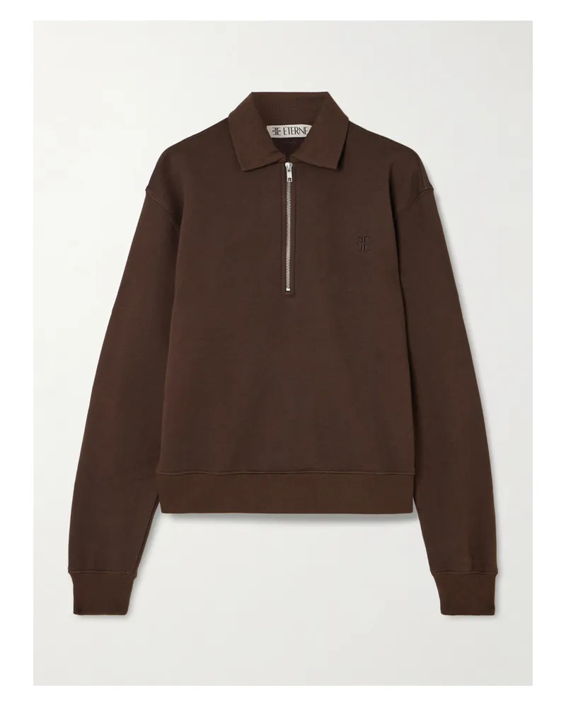 ÉTERNE Embroidered French Cotton And Modal-blend Terry Half-zip Sweatshirt - Brown Brown