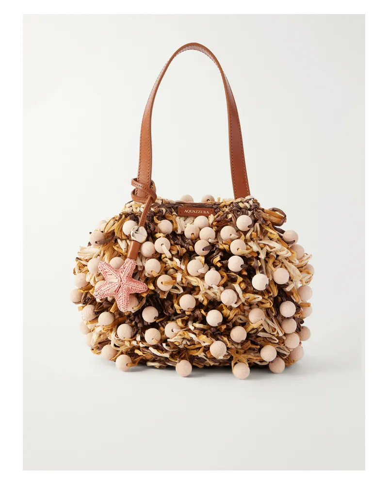Aquazzura Pom Pom Leather-trimmed Beaded Woven Raffia Mini Bag - Neutrals Neutrals