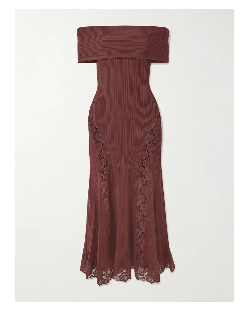 Self-Portrait Off-the-shoulder Lace-trimmed Ribbed-knit Midi Dress - Burgundy Burgundy